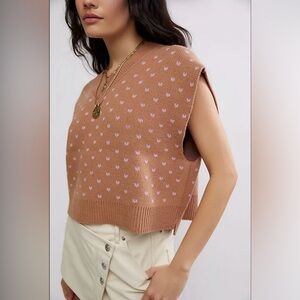 Free People Sweater Vest Knit Boxy V Neck School Girl Women M Tan Camel Twee